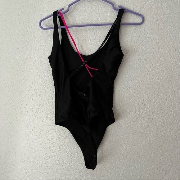 Koral Womens Black size S Thong Bodysuit Open Back Neon Strap Stretch Gym Swim - Picture 8 of 8